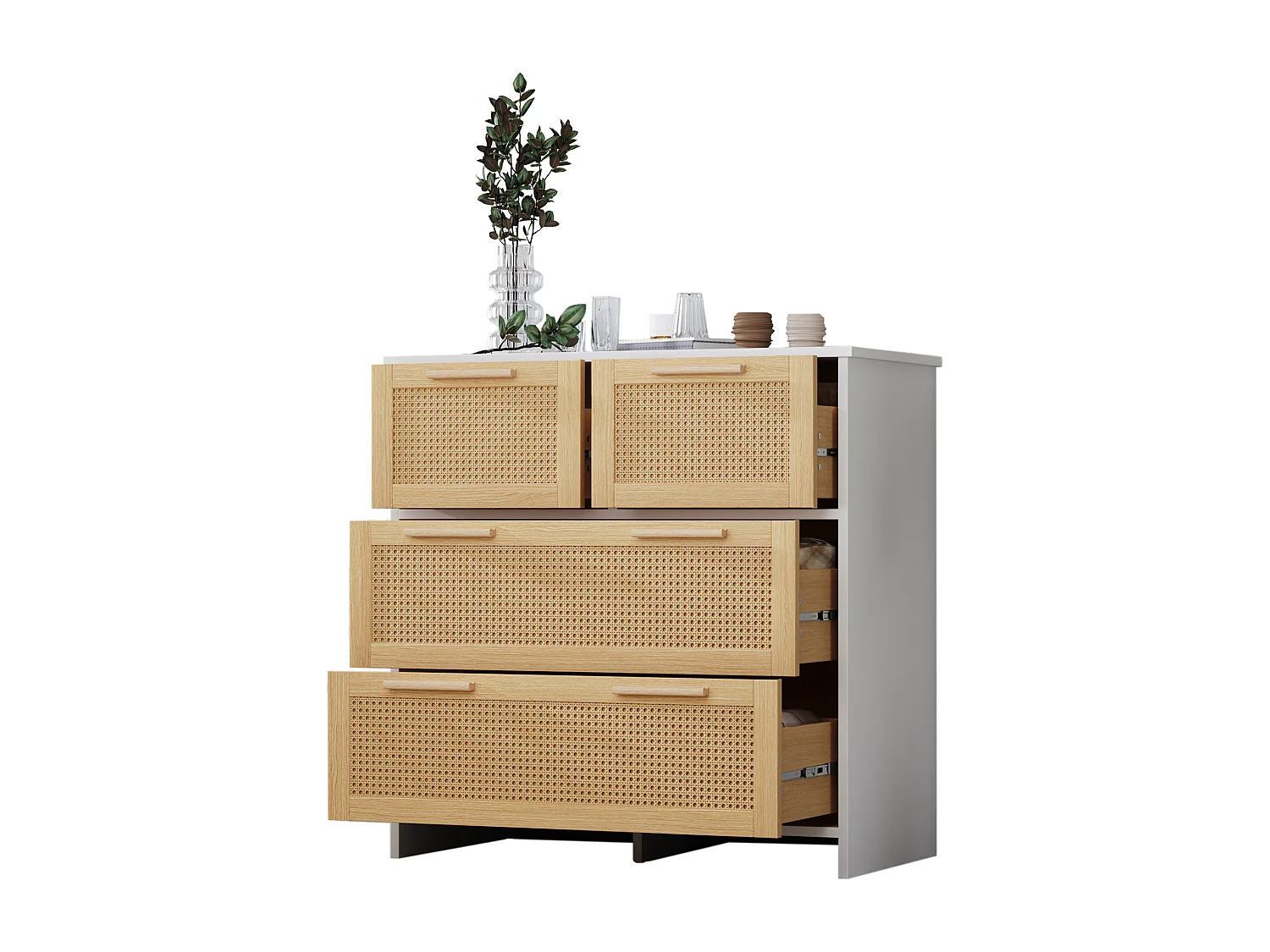 Meuble à tiroirs en rotin de haute qualité à 4 tiroirs avec poignées en bois massif – Coloris blanc – Idéal pour la chambre, le salon, la salle à manger et l’entrée