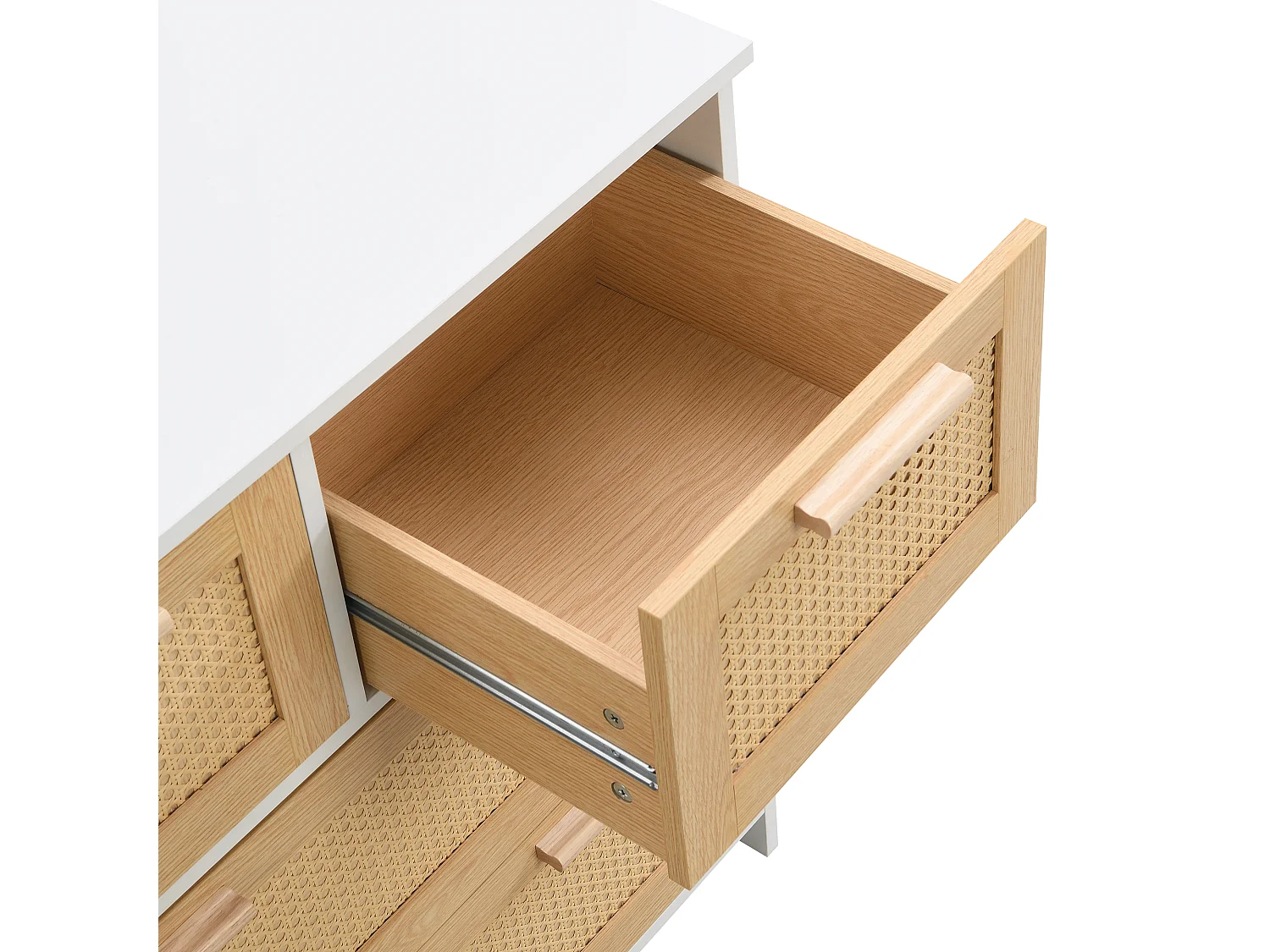 Meuble à tiroirs en rotin de haute qualité à 4 tiroirs avec poignées en bois massif – Coloris blanc – Idéal pour la chambre, le salon, la salle à manger et l’entrée