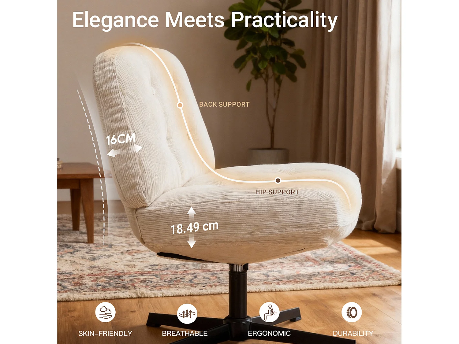 Chaise de bureau - Assise large en mousse mémoire, confort et soutien, usage bureau et maison - Beige