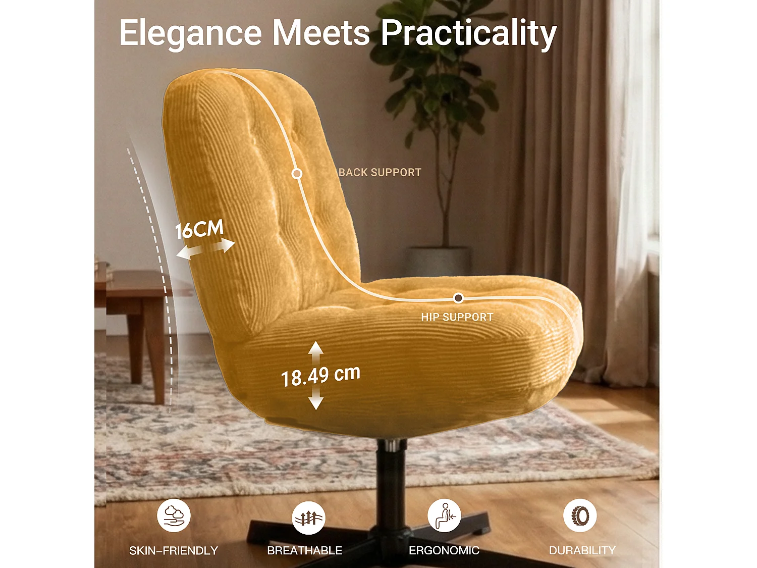 Chaise de bureau - Assise large en mousse mémoire, confort et soutien, usage bureau et maison - Jaune