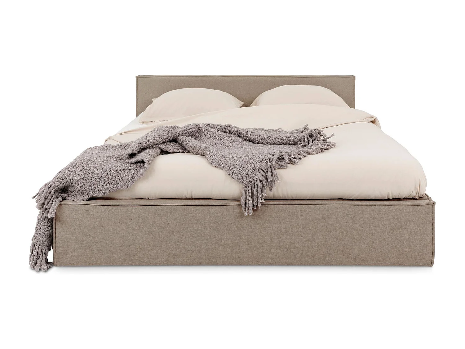 Lit Double PESARO rembourré 160x200 cm, Tête de lit en Tissu, Grège, avec Sommier, Lit Queen Size pour Adulte, Lit 2 Places