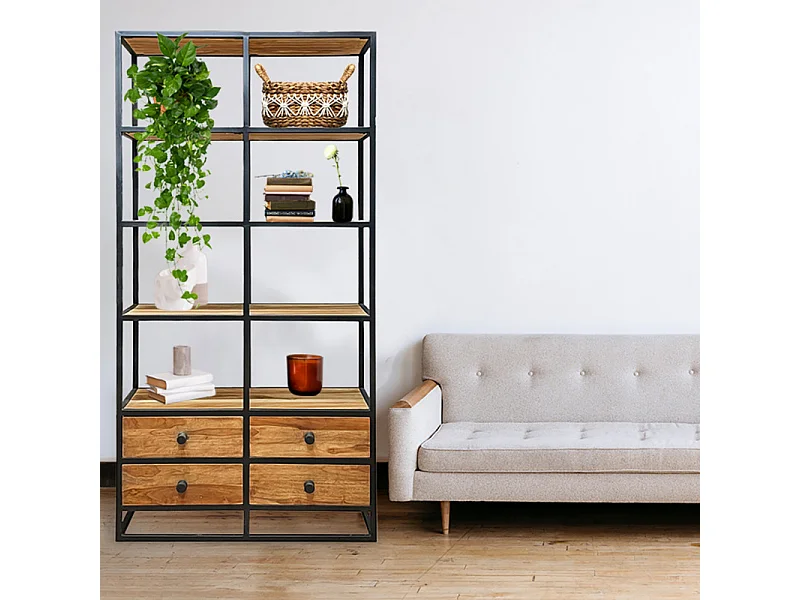 Bibliothèque 175 cm 4 étages 4 tiroirs bois teck et métal – CASSIE