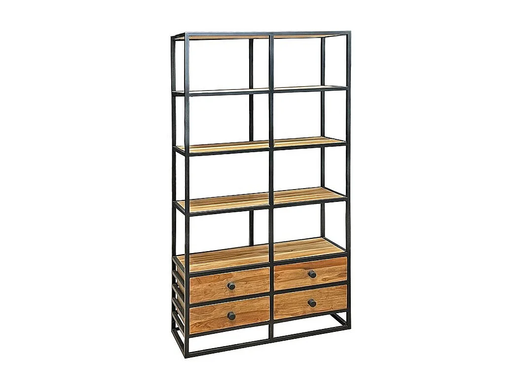 Bibliothèque 175 cm 4 étages 4 tiroirs bois teck et métal – CASSIE