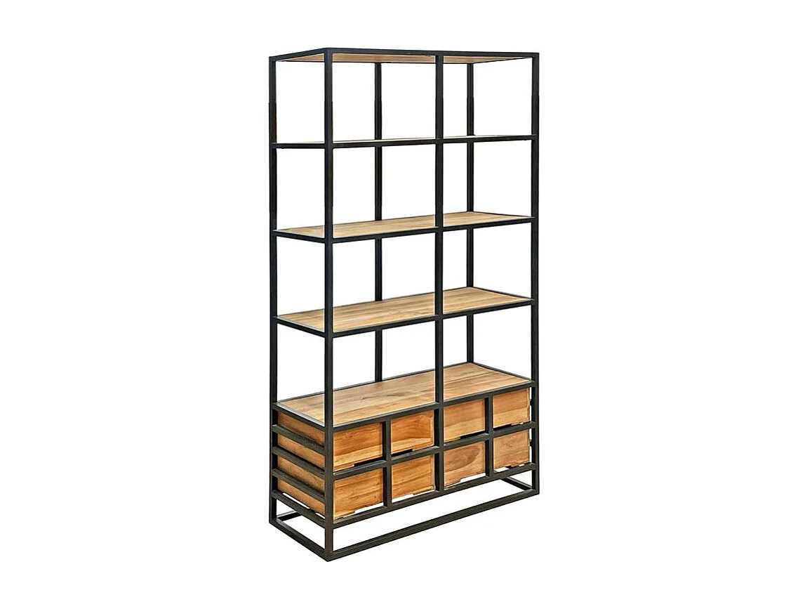 Bibliothèque 175 cm 4 étages 4 tiroirs bois teck et métal – CASSIE