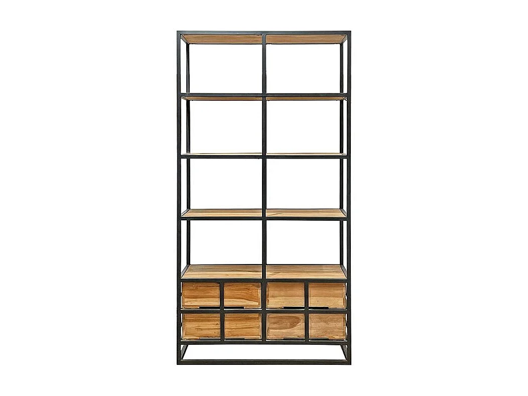 Bibliothèque 175 cm 4 étages 4 tiroirs bois teck et métal – CASSIE