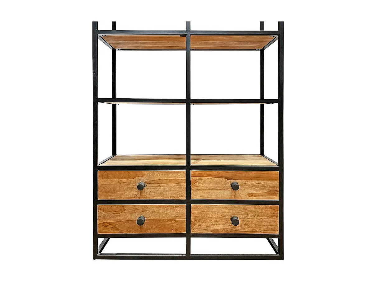 Bibliothèque 175 cm 4 étages 4 tiroirs bois teck et métal – CASSIE