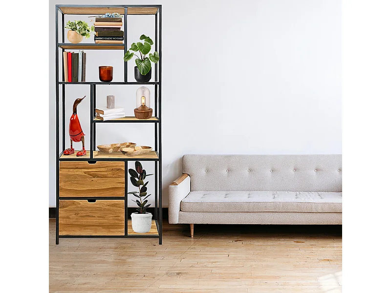 Bibliothèque 190 cm 5 étages 2 tiroirs bois teck et métal – PRIESTLY