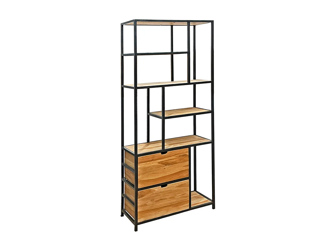 Bibliothèque 190 cm 5 étages 2 tiroirs bois teck et métal – PRIESTLY