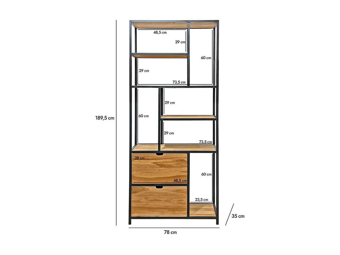Bibliothèque 190 cm 5 étages 2 tiroirs bois teck et métal – PRIESTLY