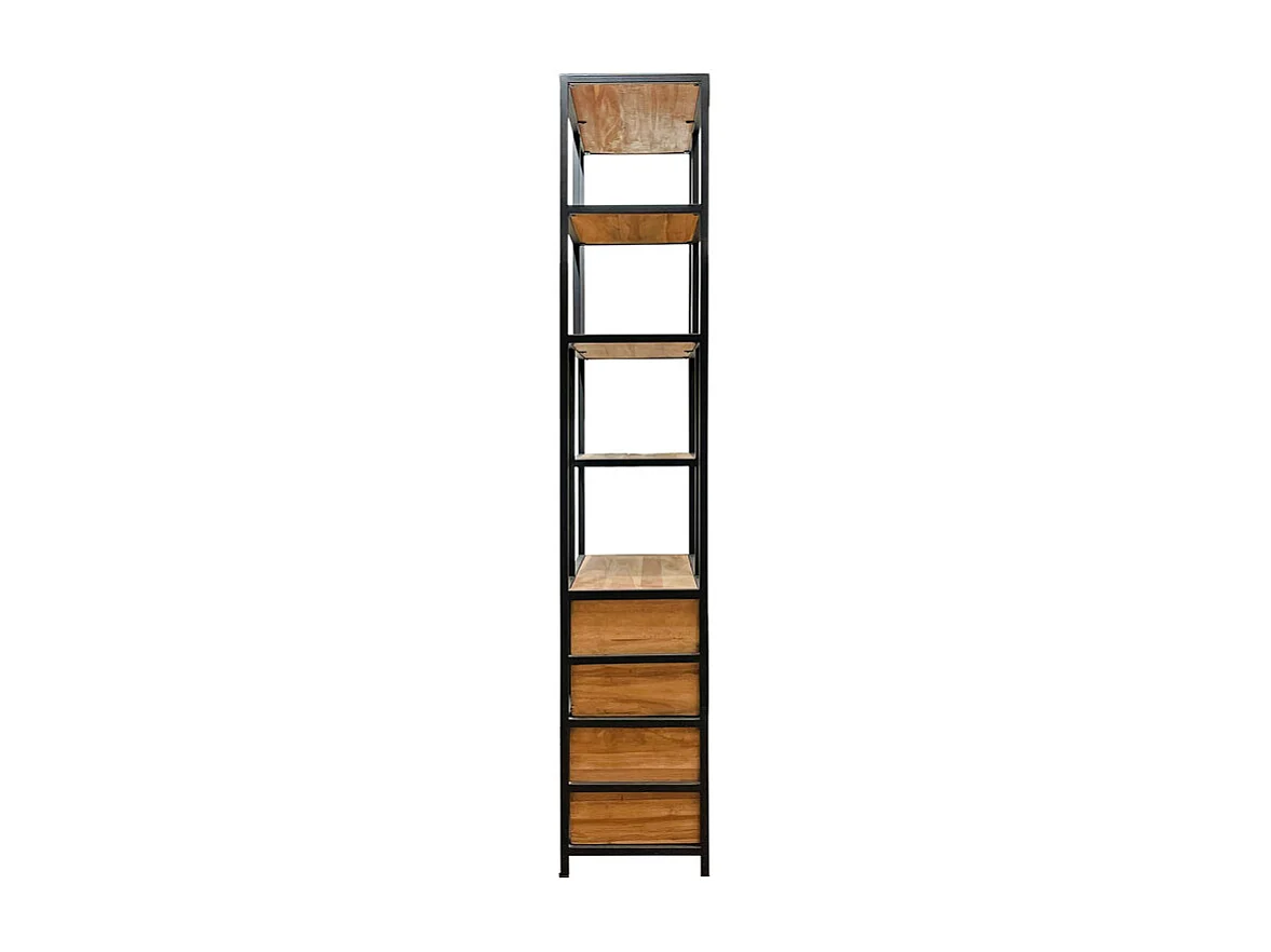 Bibliothèque 190 cm 5 étages 2 tiroirs bois teck et métal – PRIESTLY