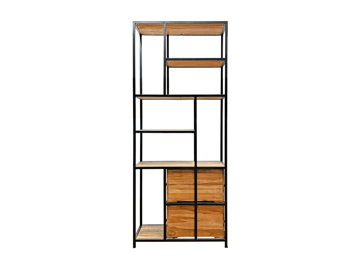 Bibliothèque 190 cm 5 étages 2 tiroirs bois teck et métal – PRIESTLY
