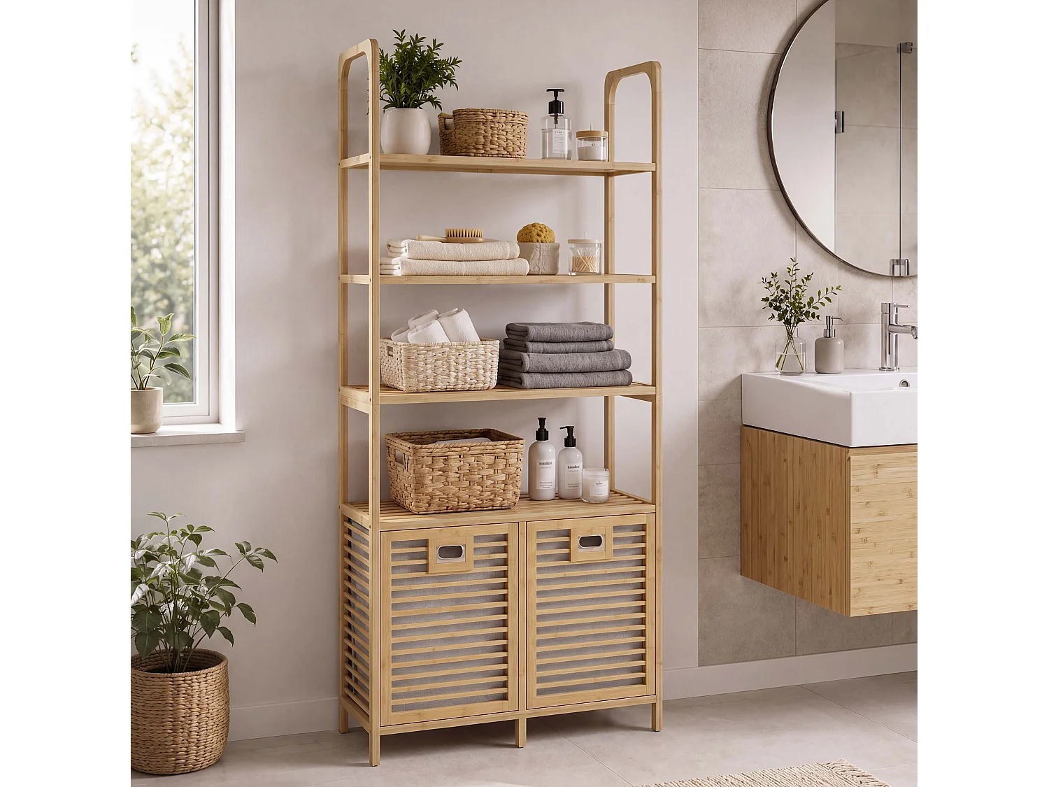 Badezimmerschrank MCW-N83, Natur, Korb hellgrau