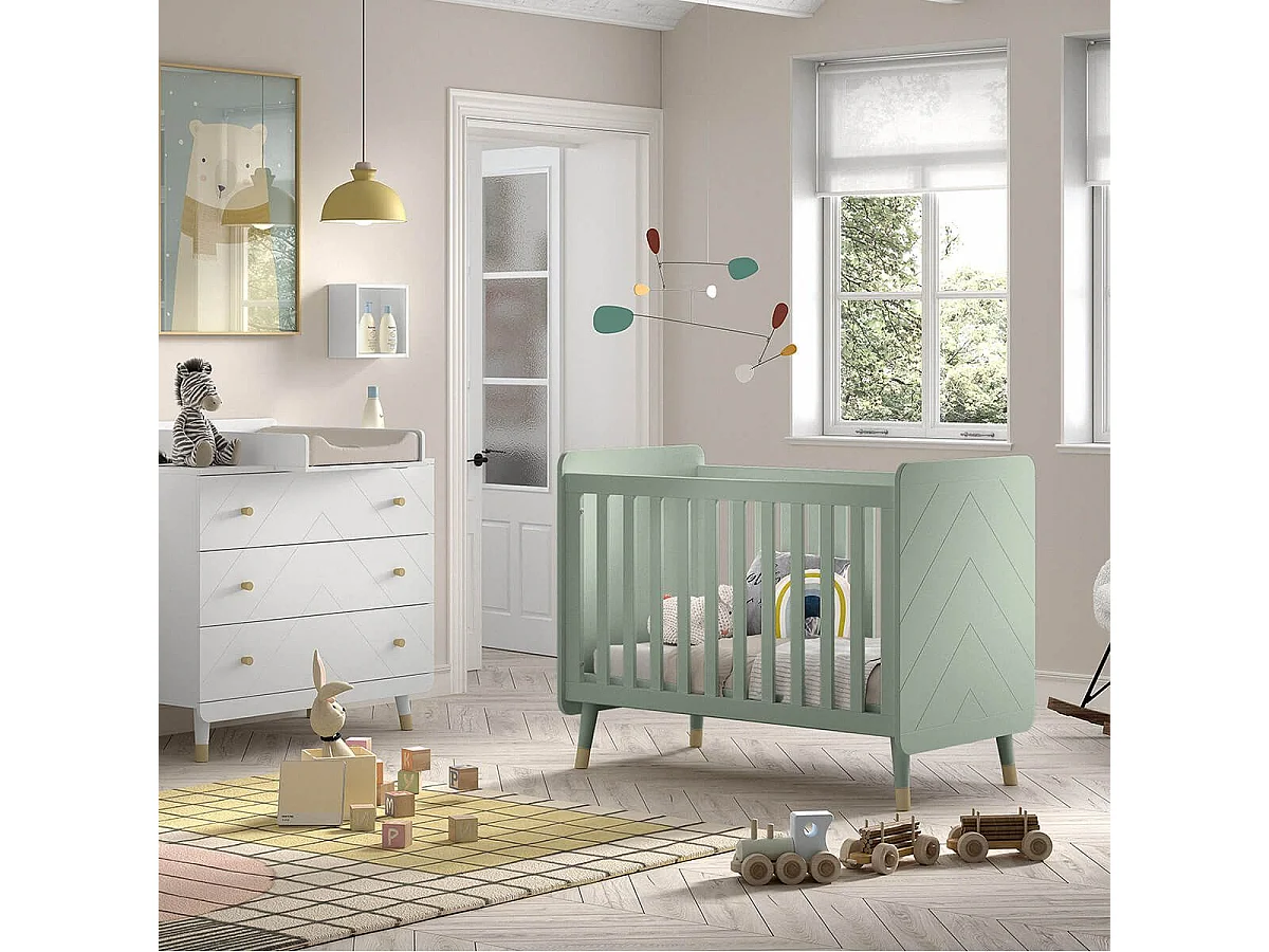 TINY GREEN - Lit bébé à barreaux Vert Olive et Gold Motif Graphique