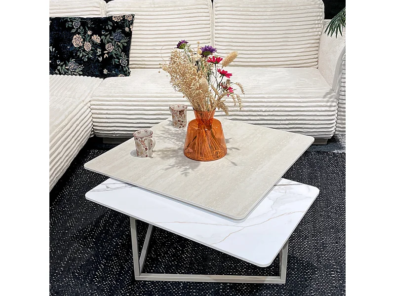 Table basse rotative 2 plateaux en céramique et pied beige – THYLA