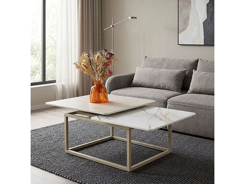 Table basse rotative 2 plateaux en céramique et pied beige – THYLA