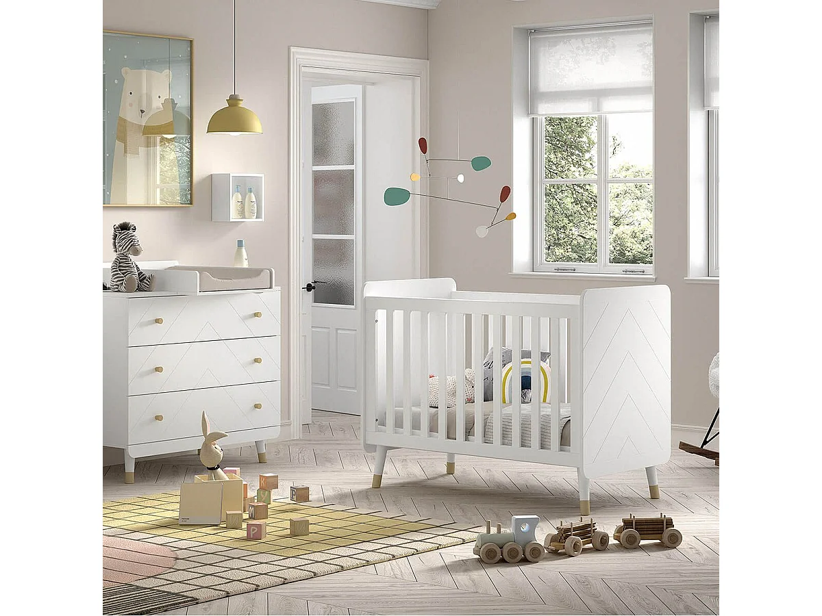 TINY WHITE - Lit bébé à barreaux Blanc et Gold Motif Graphique