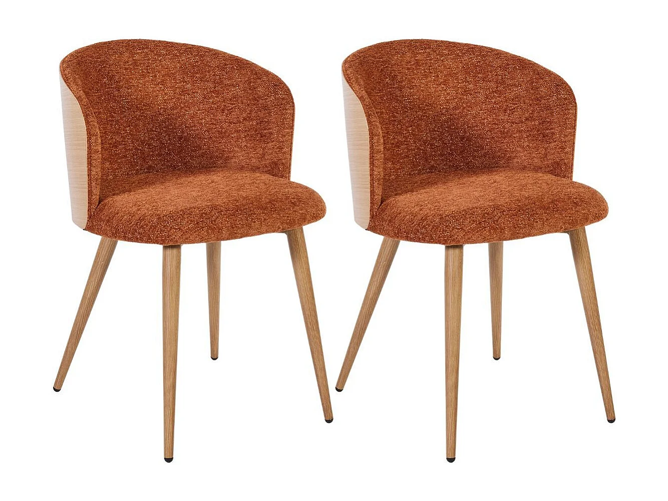 Lot de 2 chaises enveloppantes en tissu chenillé cognac et dossier bois pieds métal noir - OLYA