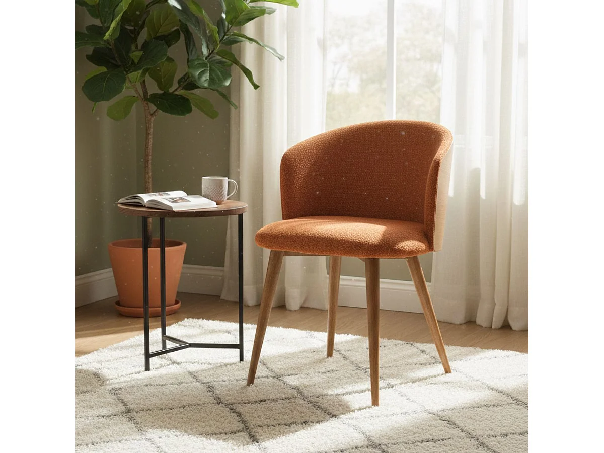 Lot de 2 chaises enveloppantes en tissu chenillé cognac et dossier bois pieds métal noir - OLYA