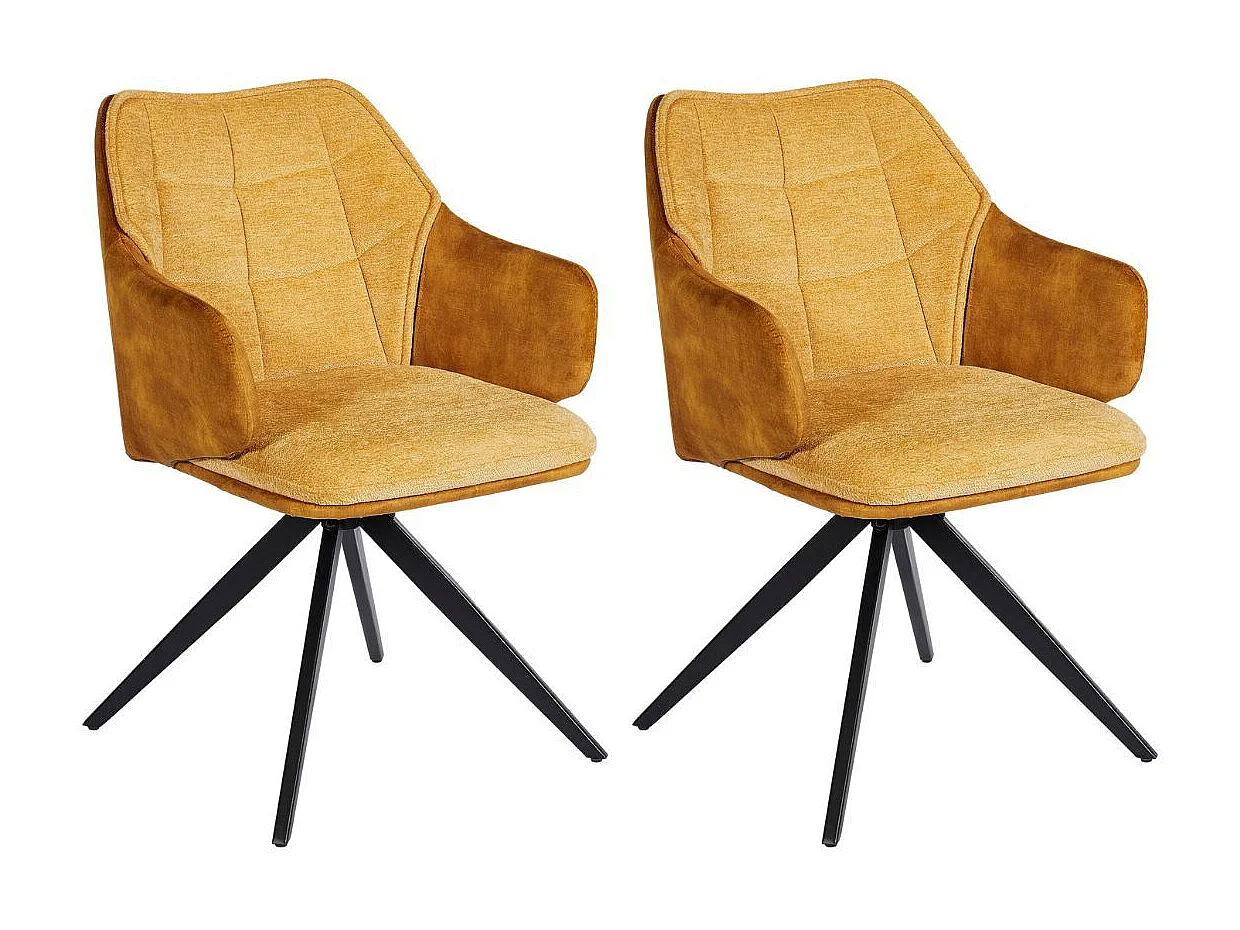 Lot de 2 fauteuils de table pivotants tissu double texture jaune pieds métal noir - MIKAELA