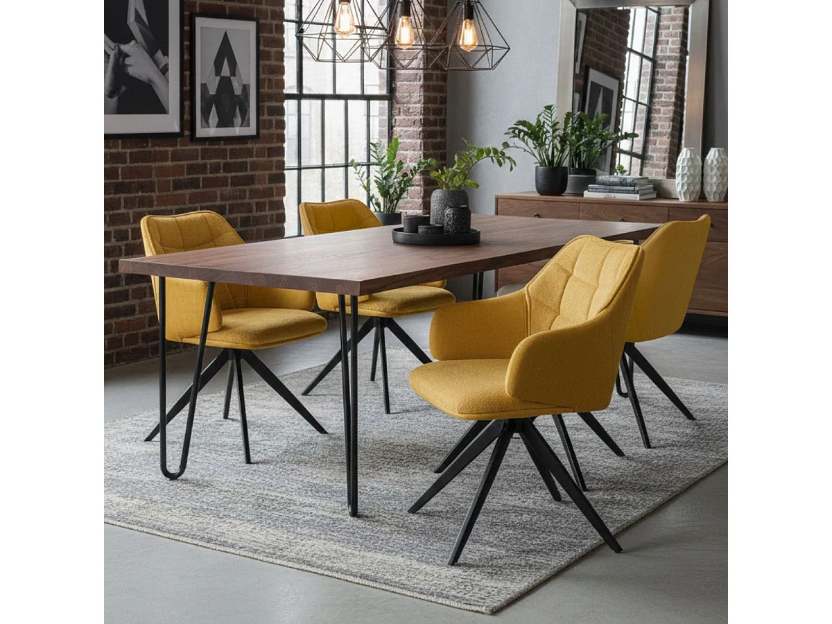 Lot de 2 fauteuils de table pivotants tissu double texture jaune pieds métal noir - MIKAELA
