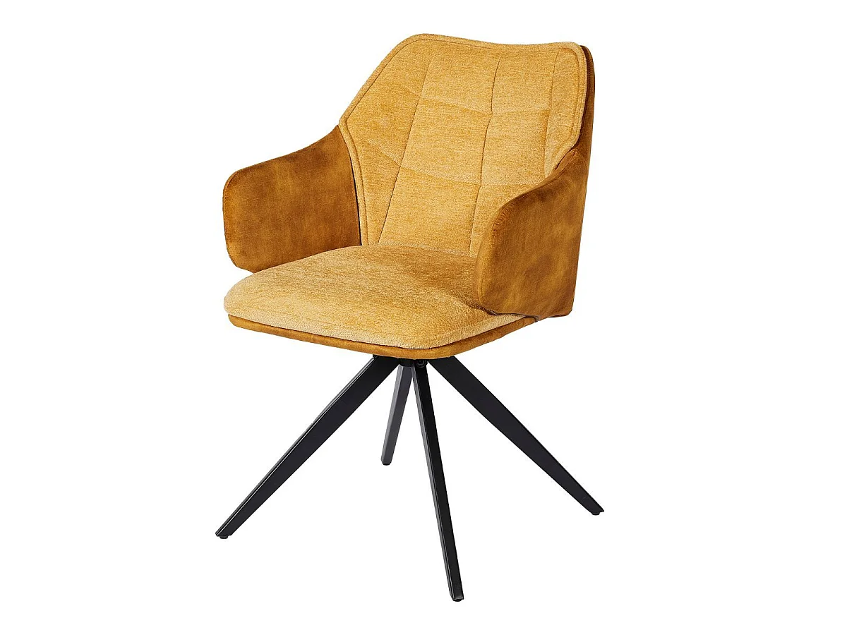 Lot de 2 fauteuils de table pivotants tissu double texture jaune pieds métal noir - MIKAELA