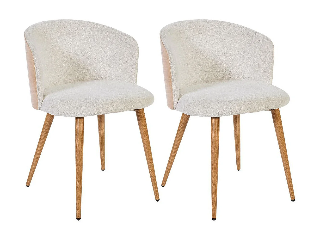 Lot de 2 chaises enveloppantes en tissu chenillé crème et dossier bois pieds métal noir - OLYA