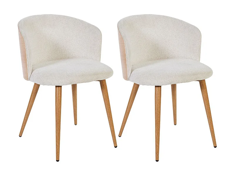 Lot de 2 chaises enveloppantes en tissu chenillé crème et dossier bois pieds métal noir - OLYA