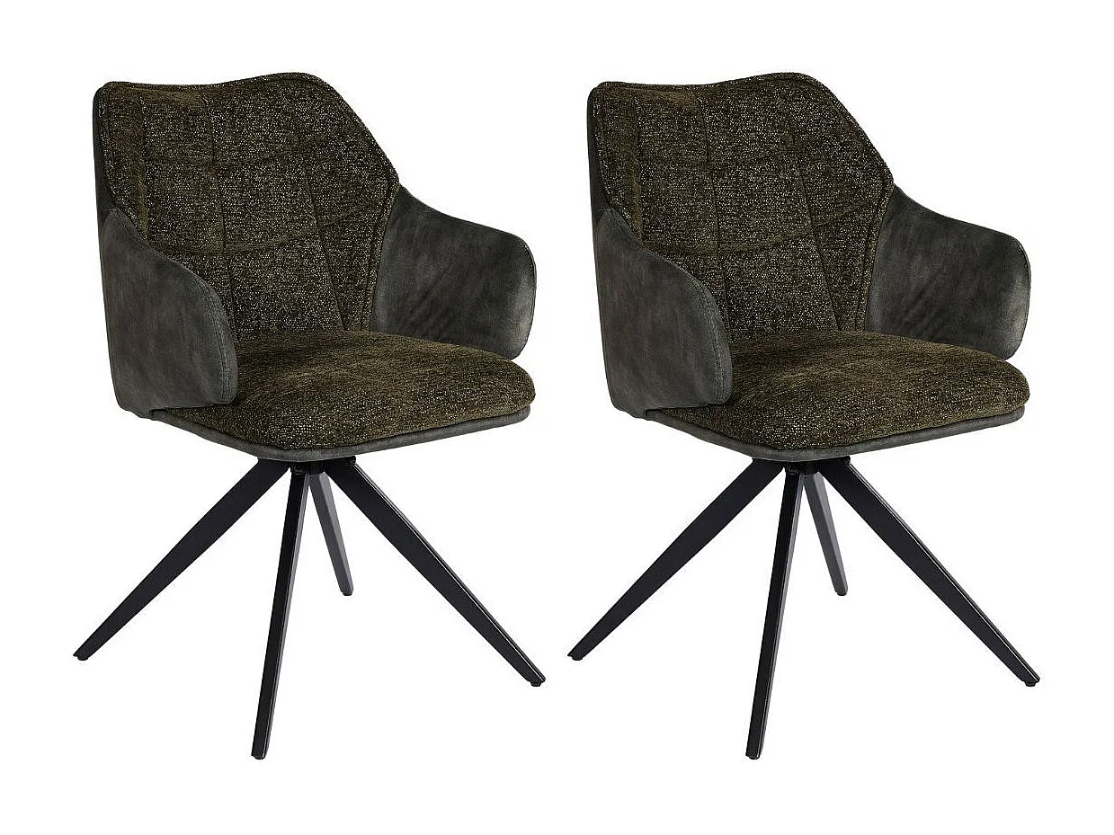 Lot de 2 fauteuils de table pivotants tissu double texture vert foncé pieds métal noir - MIKAELA