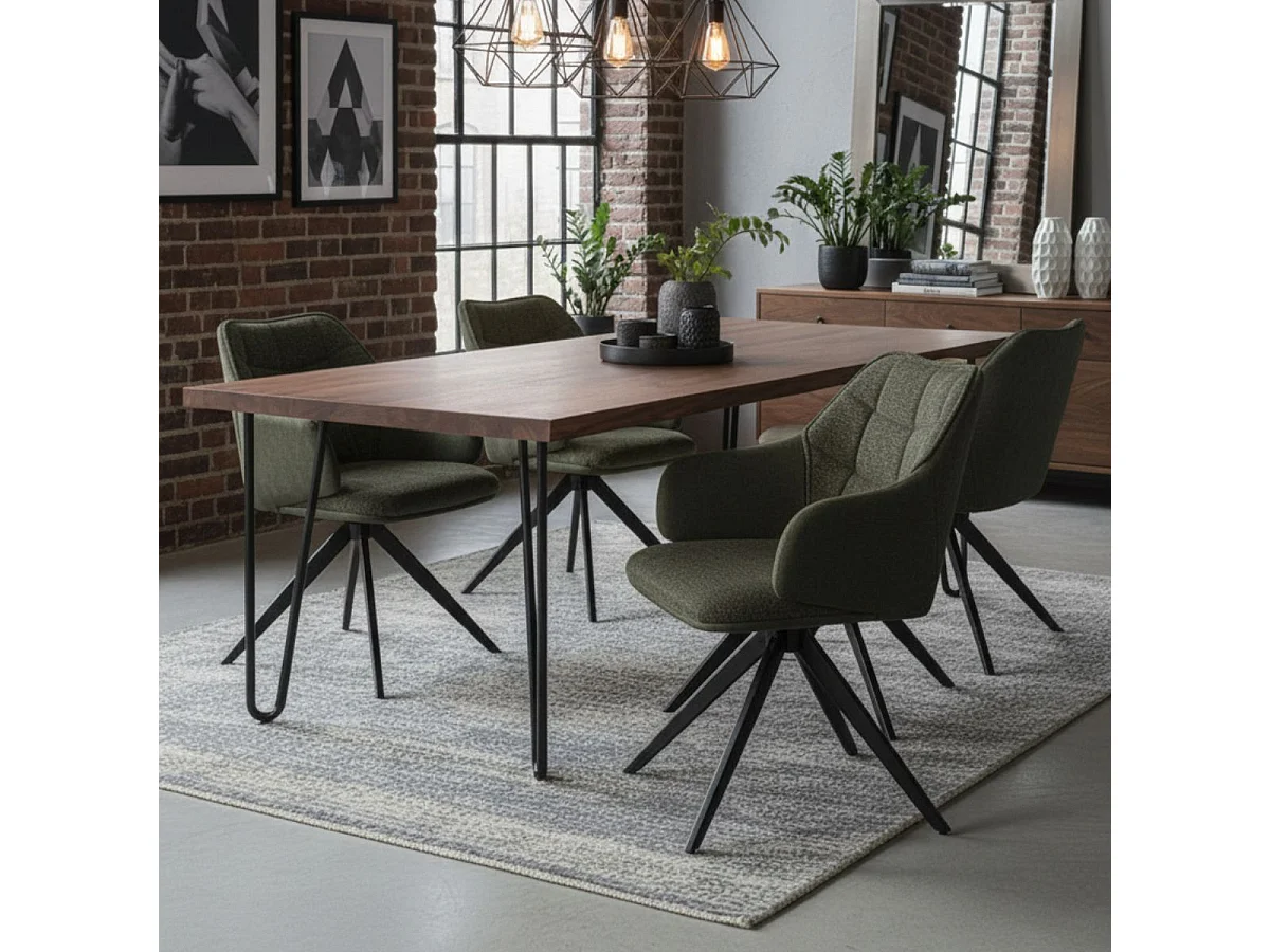Lot de 2 fauteuils de table pivotants tissu double texture vert foncé pieds métal noir - MIKAELA