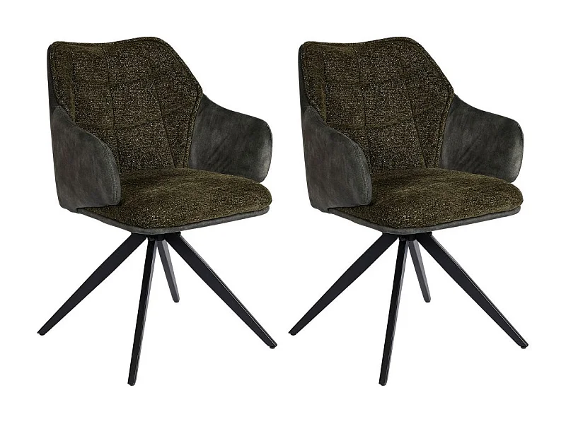 Lot de 2 fauteuils de table pivotants tissu double texture vert foncé pieds métal noir - MIKAELA