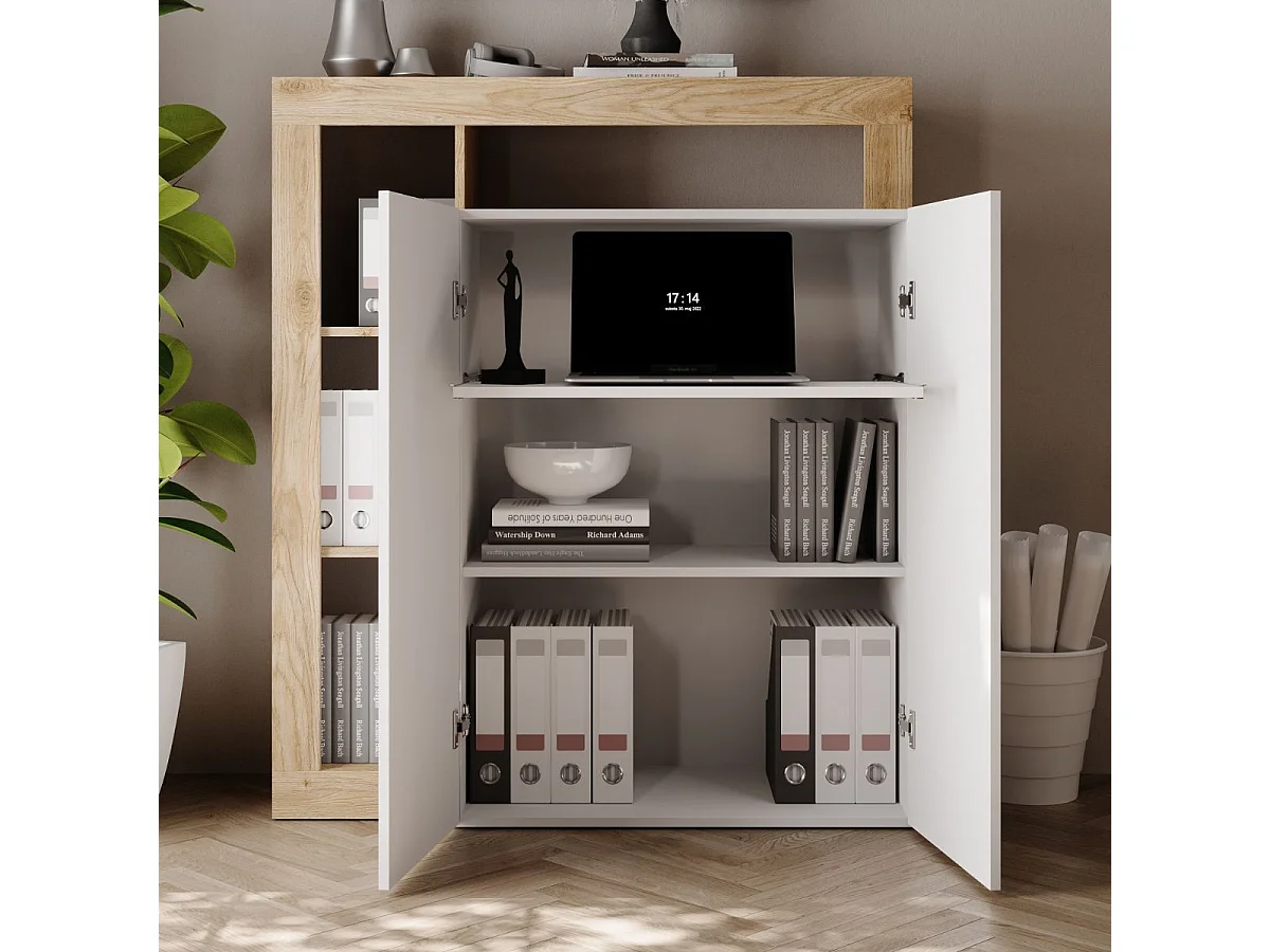 Bureau secrétaire 2 portes contemporain blanc laqué et aspect bois finition Cadiz - ARTURO