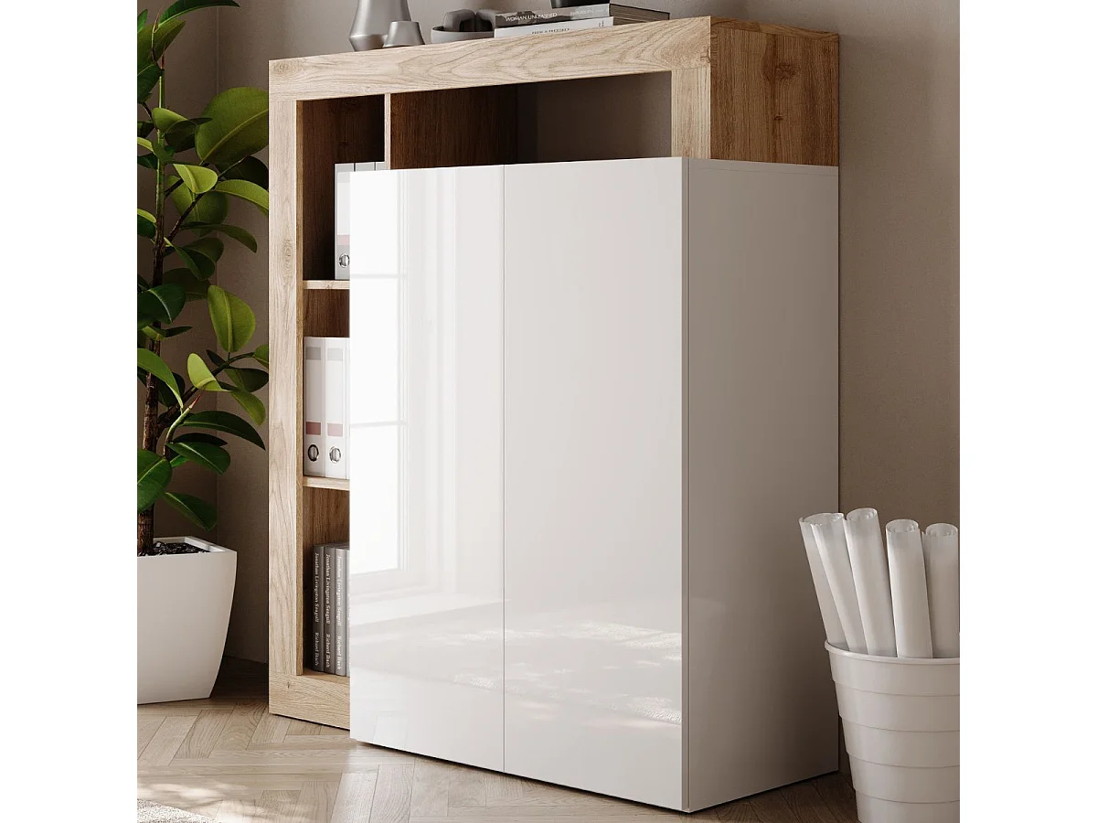 Bureau secrétaire 2 portes contemporain blanc laqué et aspect bois finition Cadiz - ARTURO