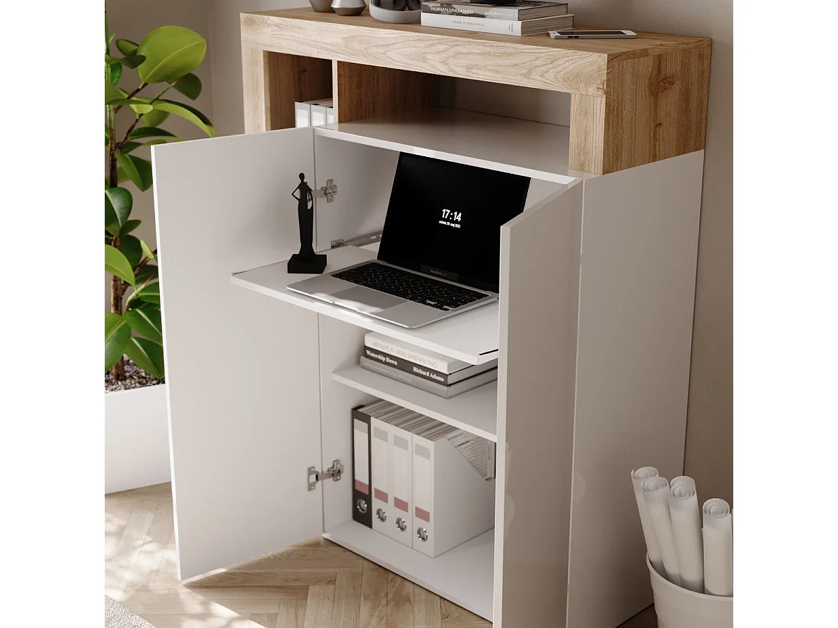 Bureau secrétaire 2 portes contemporain blanc laqué et aspect bois finition Cadiz - ARTURO