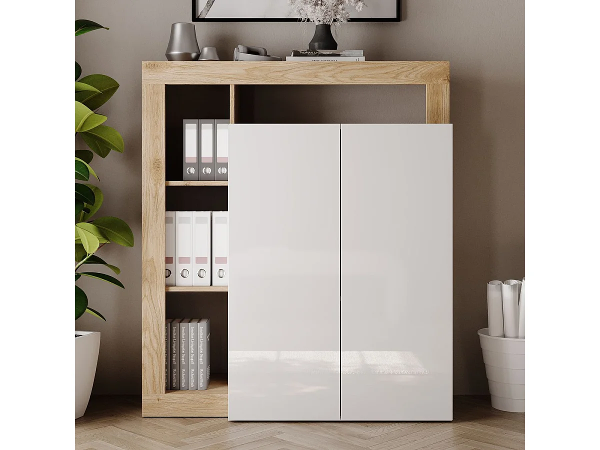 Bureau secrétaire 2 portes contemporain blanc laqué et aspect bois finition Cadiz - ARTURO