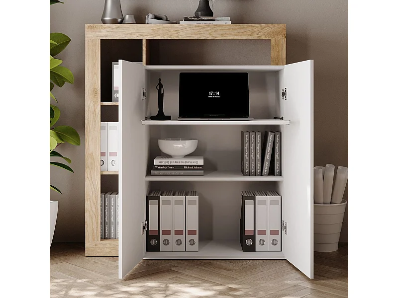 Bureau secrétaire 2 portes contemporain blanc laqué et aspect bois finition Cadiz - ARTURO