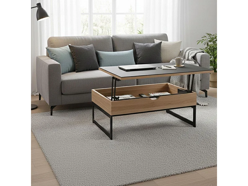 Table basse relevable en MDF placage chêne et céramique piètement métal - DUPLEX