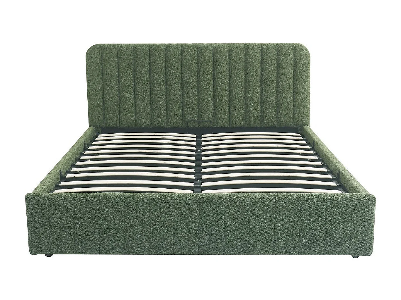 Lit coffre adulte 160x200 cm avec tête de lit capitonnée en tissu bouclé vert kaki - Ava