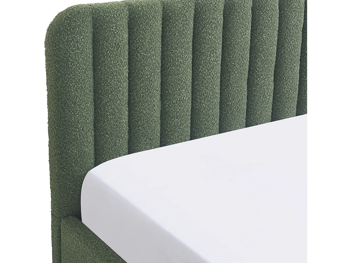 Lit coffre adulte 160x200 cm avec tête de lit capitonnée en tissu bouclé vert kaki - Ava