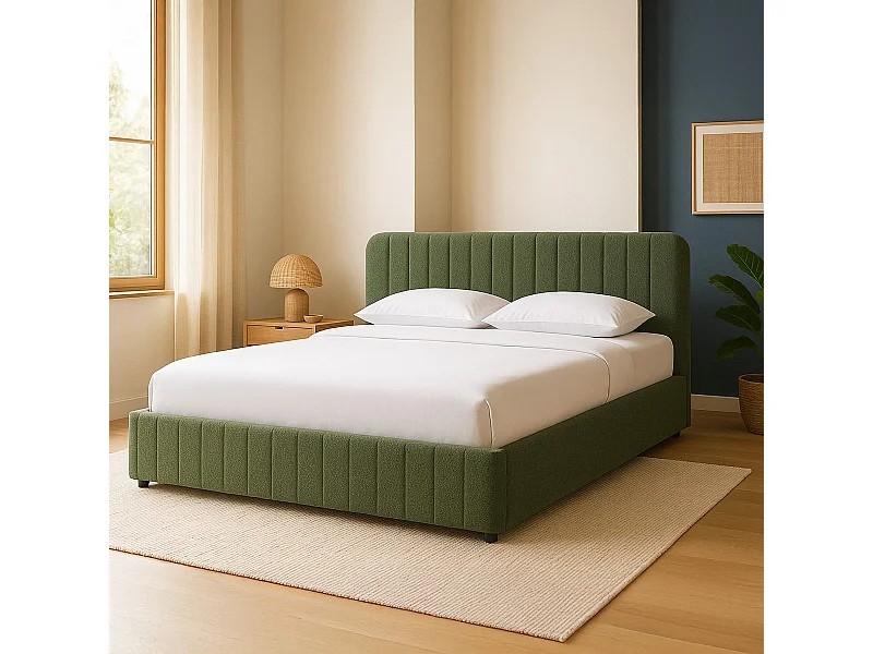 Lit coffre adulte 160x200 cm avec tête de lit capitonnée en tissu bouclé vert kaki - Ava