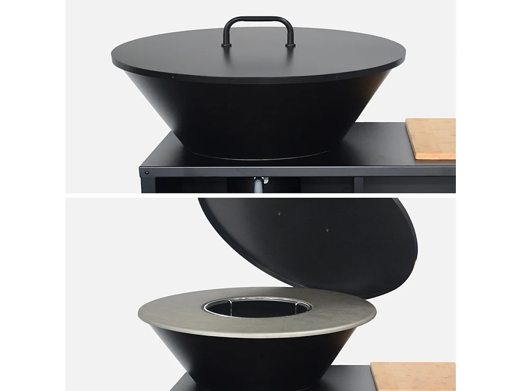 Braséro de cuisson Ø80cm avec grille de cuisson. espace de rangement et couvercle. L 138 x P 82 x H 114 cm