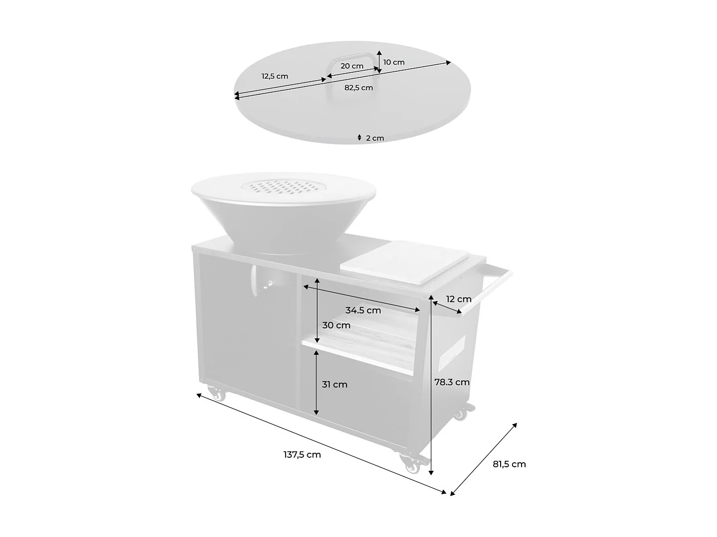 Braséro de cuisson Ø80cm avec grille de cuisson. espace de rangement et couvercle. L 138 x P 82 x H 114 cm