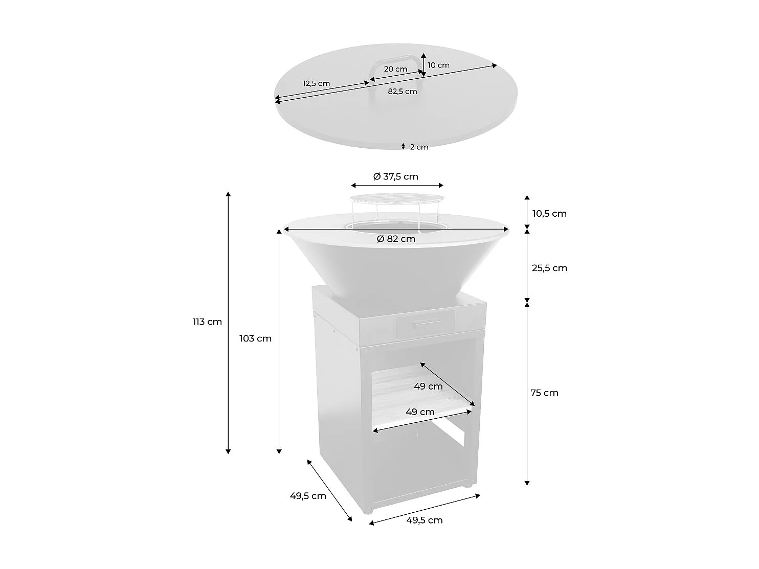 Braséro de cuisson Ø81.5cm avec grille de cuisson. espace de rangement et couvercle noir