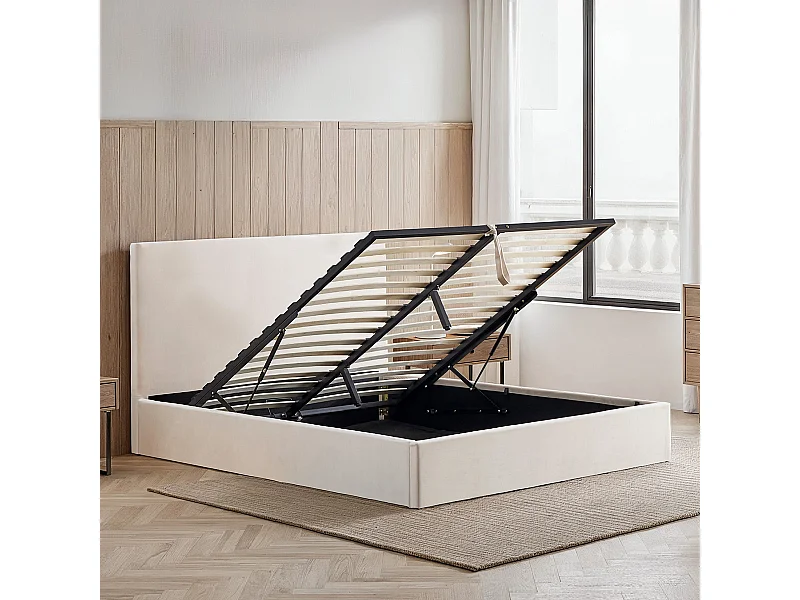 BELLECOUR LITERIE | Lit coffre velours beige NEMESIS 160x200 cm