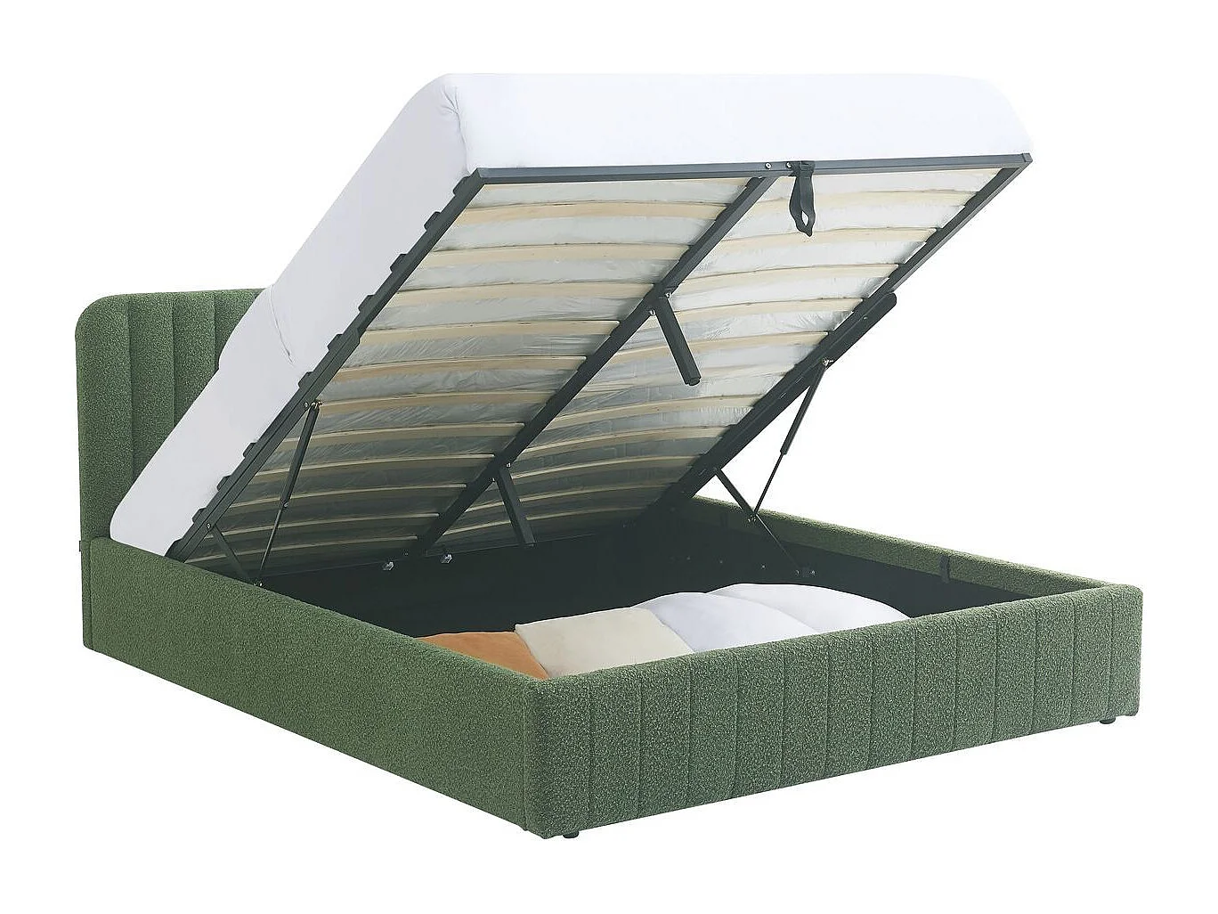 Lit coffre adulte 140x190 cm avec tête de lit capitonnée en tissu bouclé vert kaki - Ava