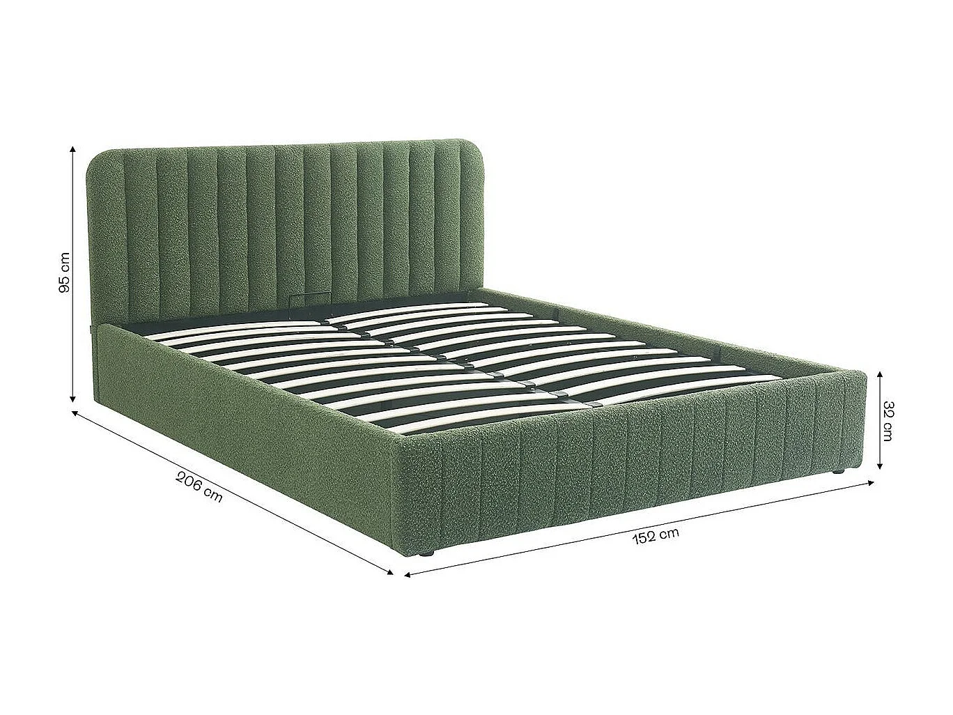 Lit coffre adulte 140x190 cm avec tête de lit capitonnée en tissu bouclé vert kaki - Ava