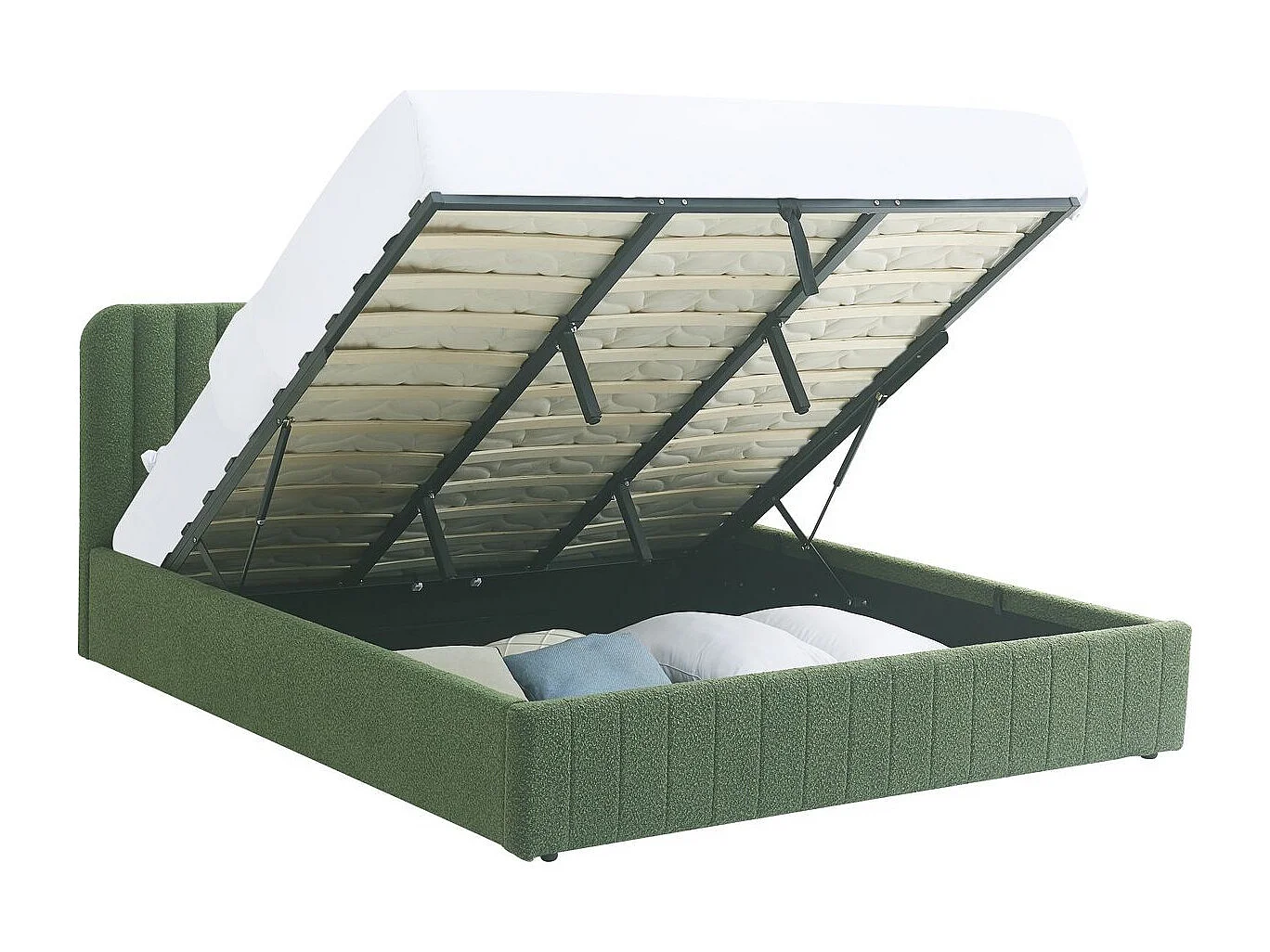 Lit coffre adulte 180x200 cm avec tête de lit capitonnée en tissu bouclé vert kaki - Ava