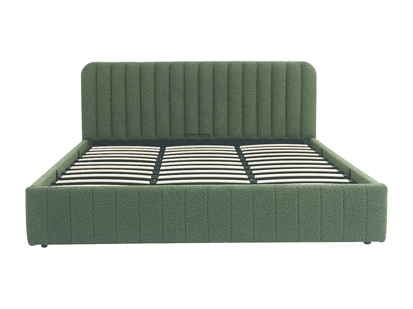 Lit coffre adulte 180x200 cm avec tête de lit capitonnée en tissu bouclé vert kaki - Ava