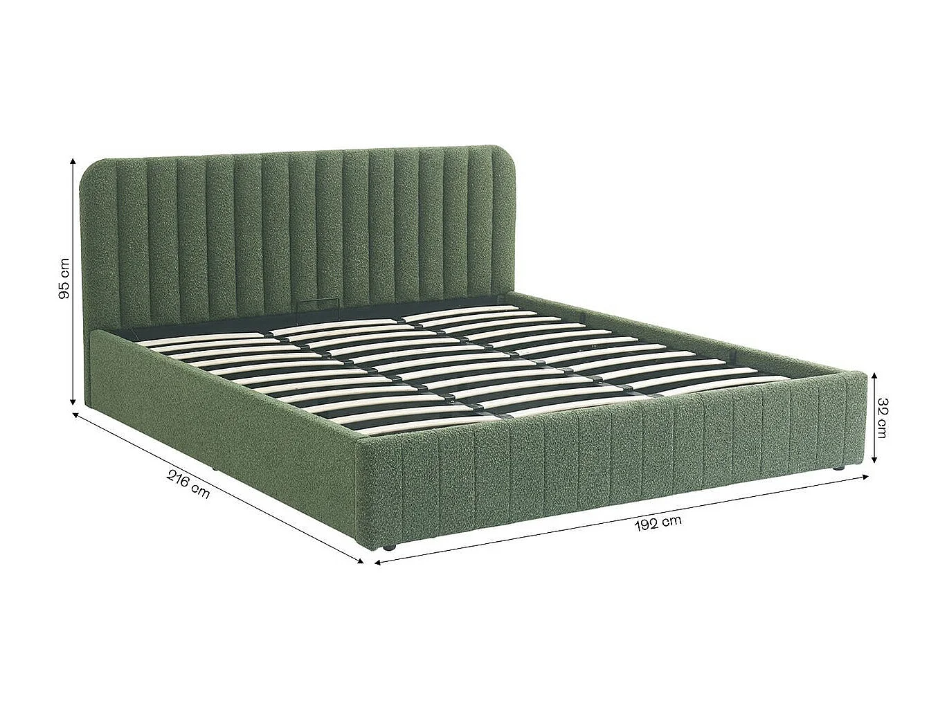 Lit coffre adulte 180x200 cm avec tête de lit capitonnée en tissu bouclé vert kaki - Ava