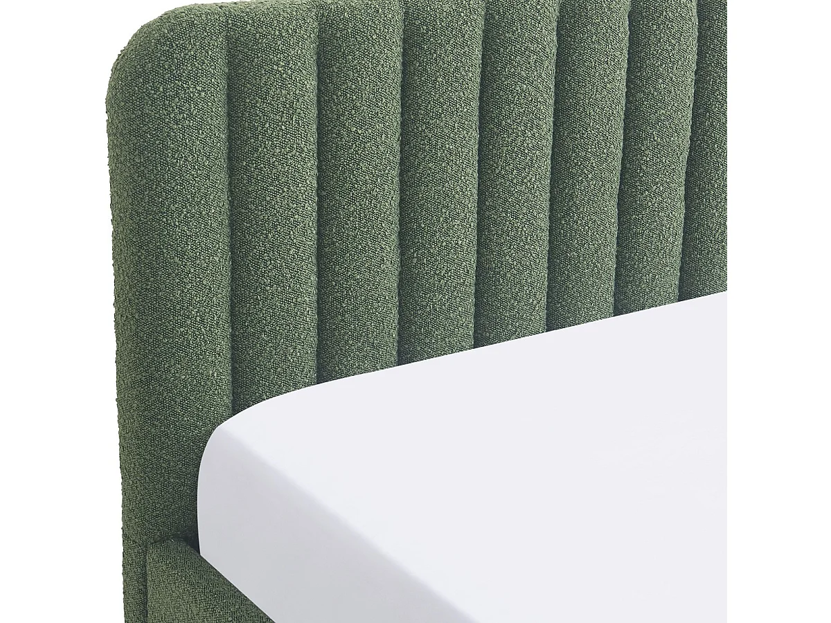 Lit coffre adulte 180x200 cm avec tête de lit capitonnée en tissu bouclé vert kaki - Ava