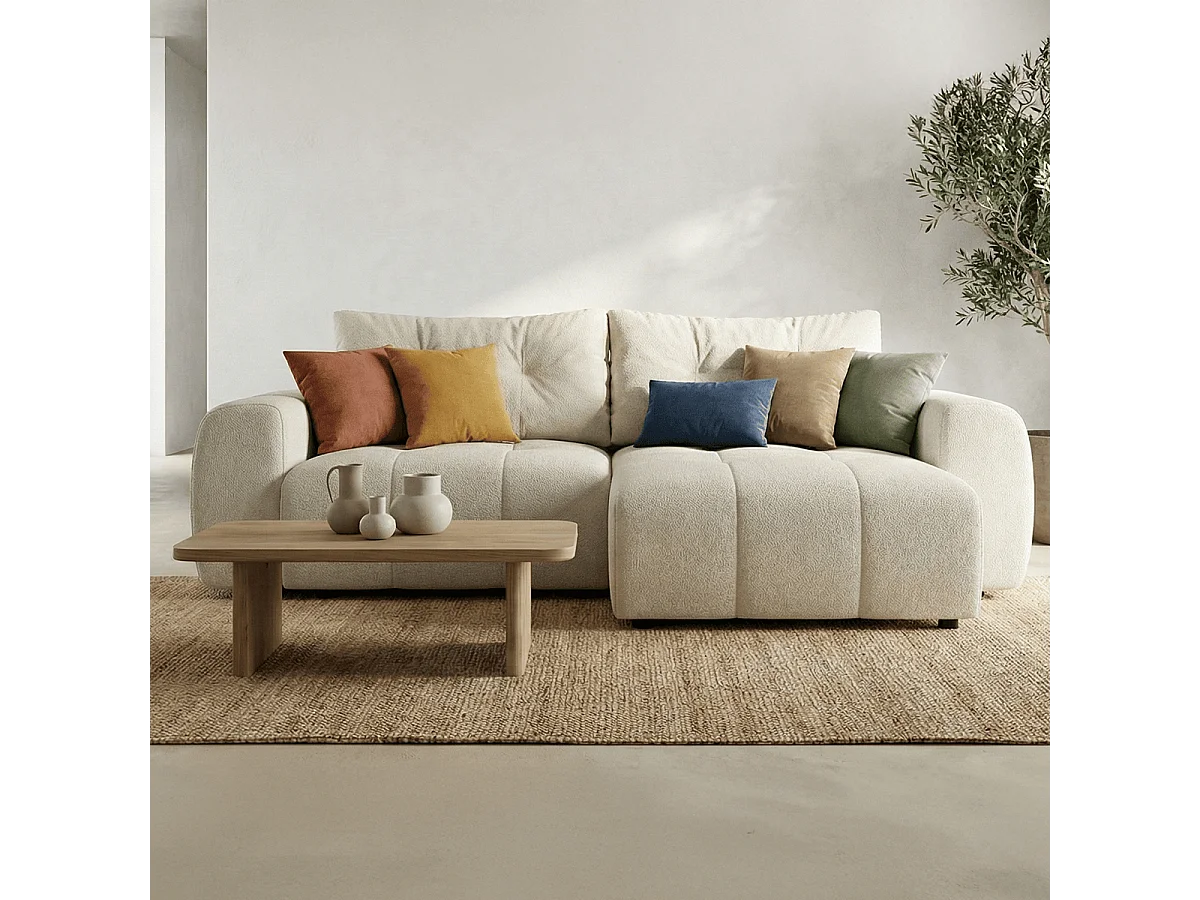 Canapé d'angle réversible convertible 4 places en tissu chenille beige - Alba